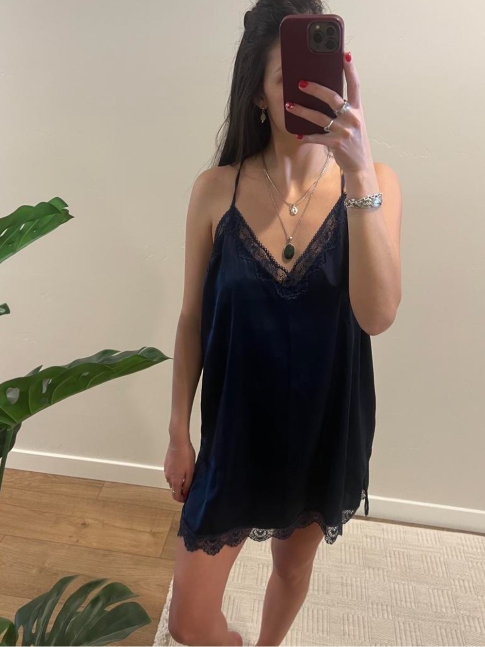 Silk Lace Trim Slip Dress - Navy